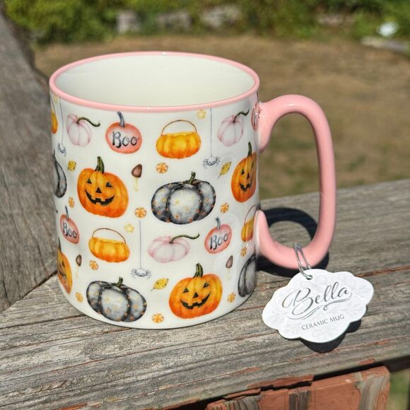 NEW 10 Strawberry Street Bella Ceramic Mug Pink Orange Black Pumpkin Mug - Picture 1 of 3